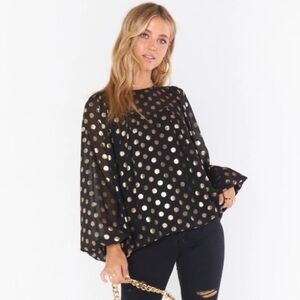 Show Me Your Mumu Long Sleeve Black Top Gold Polka Dot Bishop Sleeves Size Small